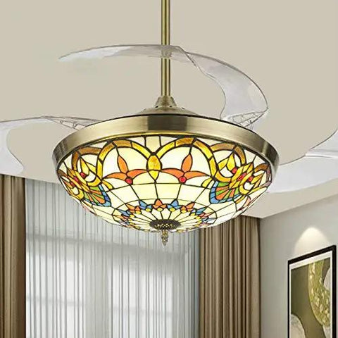 Modern 42 Inch Invisible Ceiling Fan With Silent LED Light And Sleek Gold Blades For Living Room Bedroom Or Kitchen with stained glass design.