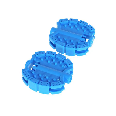 Blue plastic bicycle pedal set seen from above, non-slip kid friendly bicycle pedals set for children, trikes, and mountain bikes.