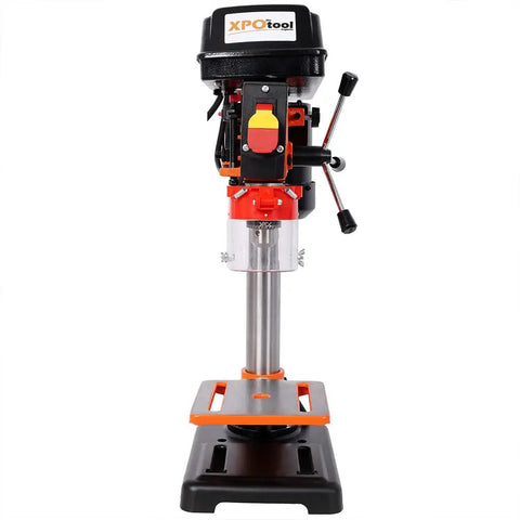 Aynuma 8 Inch Benchtop Drill Press With 400 Watt Induction Motor And Five Speed Settings, front view with tilt worktable.