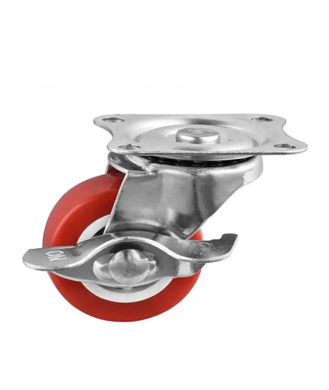 Swivel Brake Caster Set 1.5 Inch, red PVC wheel, metal bracket, flat side roller with locking brake, for furniture