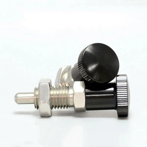 Tough As Nails Stainless Steel Push Fit Ball Nose Spring Plunger Retractable Indexing Pin With Quick Grip Knobs For Rock Solid Positioning On Shop Equipment M8 Non Locking 2 Pack side view with black knobs