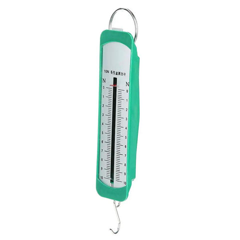 10 Newton Spring Dynamometer For Physics Lab Experiments A Hands On Dope Tool To Measure Force And Mass Up To 1 Kilogram Easy To Use Classroom And Home School Lab Instrument For Great Hands On Practice., green plastic 10N spring dynamometer with metal hook and top ring