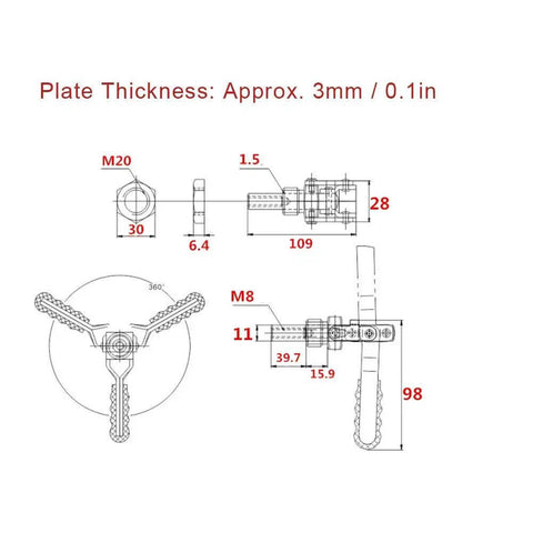Technical drawing of Beefy 304 Stainless Steel Toggle Clamp With Push Pull Handle, dimensions detailed, 3mm plate thickness.