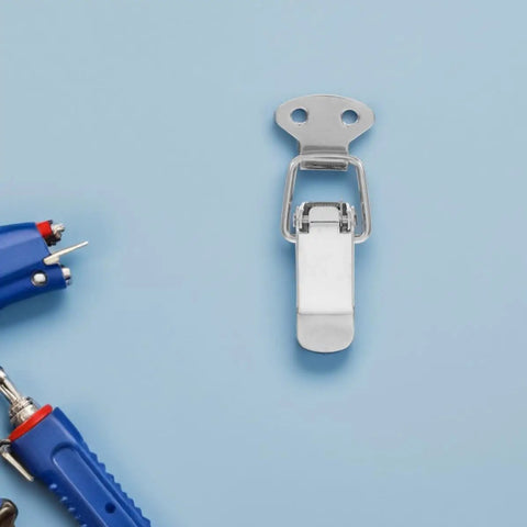 Top Notch 10 Piece Stainless Steel Toggle Hasp Latch Kit For Toolbox Cabinet Boxes And Storage Trunks With Durable Spring Lock Mechanism on blue background.