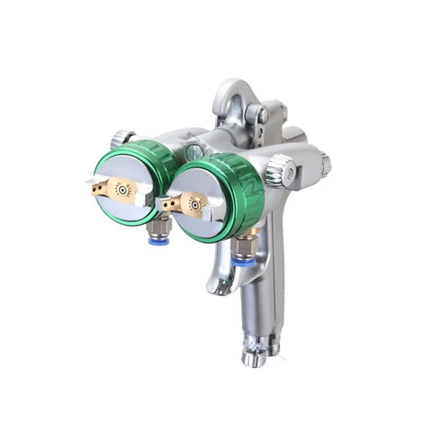 Dual Nozzle Pneumatic Air Spray Gun With Pressure Feed Cup Lays Down Buttery Smooth Coats Every Time And Covers Ground Fast For Zero Hassle Job Sites Or Weekend Projects, close-up view of dual nozzles.
