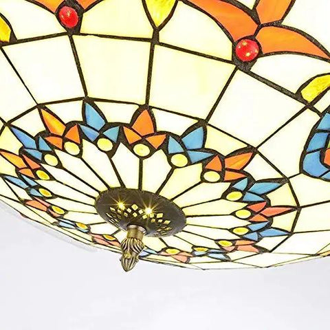 Modern 42 Inch Invisible Ceiling Fan With Silent LED Light And Sleek Gold Blades For Living Room Bedroom Or Kitchen features intricate stained glass design.