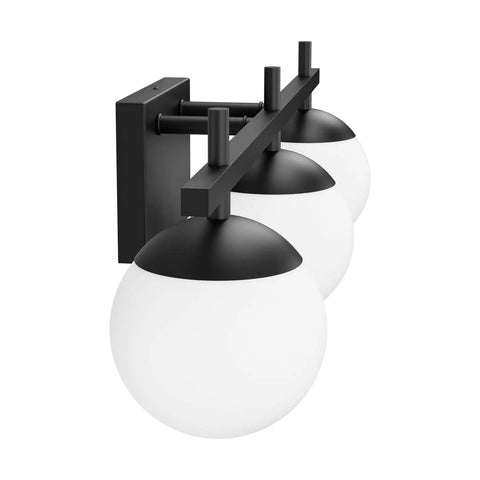 Dope Mid Century Modern Bathroom Vanity Lights Matte Black With Milky Glass Over Mirror Three Light Wall Sconce side view