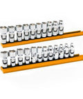 22 Piece 6 Point Flex Socket Set For 1/4 And 3/8 Drive With Universal Sockets displayed on two orange holders