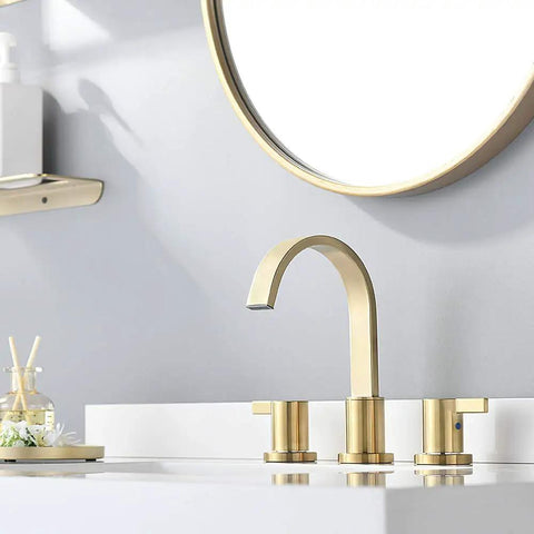 Two Handles 8 Inch Widespread Bathroom Faucet In Brushed Gold Finish With Valve And Metal Pop Up Drain Three Hole Mount Eight Inch Center Spread Sleek Modern Diy Bathroom Upgrade installed on white sink