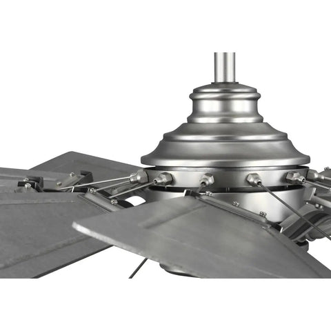 Chic Slick Farmhouse Ceiling Fan With A Tough Antique Nickel Finish And Massive Twelve Blade Windmill Design, close-up of housing and blade connections.
