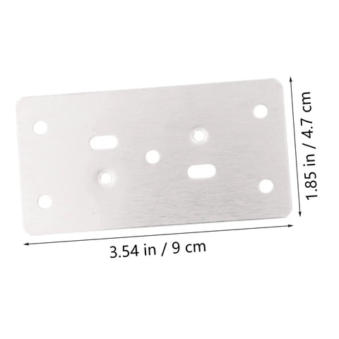 Close-up of a stainless steel hinge repair plate with dimensions from Six Piece Cabinet Hinge Repair Plates Kit With Screws Durable Furniture Fixing Plates For Quick Door Hinge Replacement And Easy DIY Installation On Cabinets And Home Furniture.