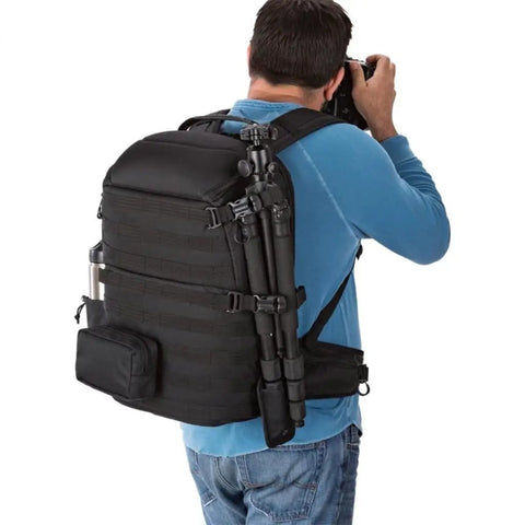 Photographer wearing Shoulder Camera Bag Backpack With All Weather Cover Fits 15.6 Inch Laptop SLR Gear Organizer
