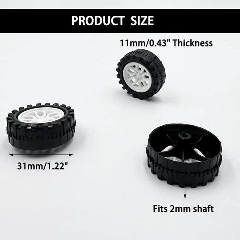 DIY Model Toy Car Wheel Set with 30 Plastic Wheels and 15 Metal Axles, 31mm diameter, 11mm thick, 2mm shaft fit, white
