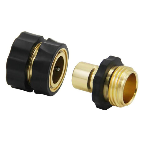 Close-up of three quarter inch garden hose quick connector kit with male and female ends, heavy-duty aluminum with black covers