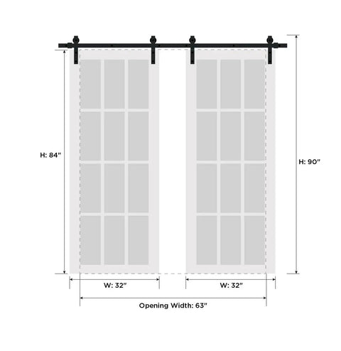 Double Barn Door Set 64x84 Inches Clear Glass, White Silk Finish, showing front view with measurements, top mount 13 ft rail.