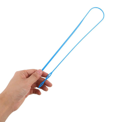 Handheld blue plastic rope threader tool, single large-eye drawstring puller for pants, shoelaces, and elastic bands