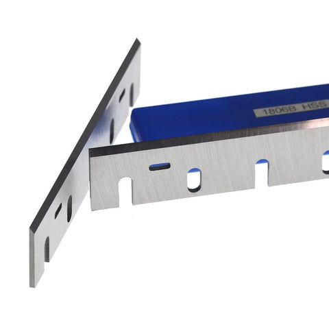 Top Shelf HSS Planer Blades Replacement Knives Set Of 2 For Table Woodworking Machines showing precision ground steel blades.