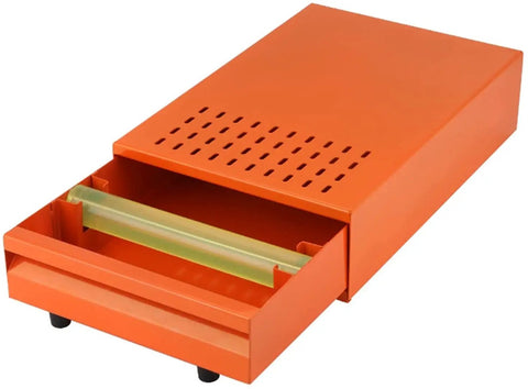 Stainless Steel Coffee Knock Box With A Roomy Detachable Bin And Cushioned Knock Bar For Slick Espresso Tamping Station Vibes, orange drawer open.