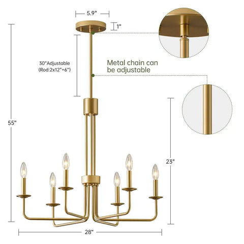 Shiny Gold 6 Light Candle Chandelier For Dining Room Living Room Kitchen And Foyer Over Table Ceiling Light Fixture 28 Inch E12 Bulb Compatible Modern Vintage Style diagram with dimensions and adjustable chain
