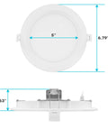 Ultra Thin 6 Inch LED Recessed Light Kit With 14W Dimmable Wet Rated Wafer Lights, side and front view, dimensions shown