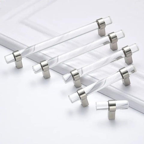 10 Pack Slick Brushed Nickel Cabinet Knobs Featuring Totally Dope Clear Glass Crystal T Bar Handle showcasing sleek glass pulls.