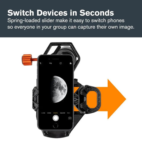 Image of NexGO Universal Smartphone Adapter attached to telescope, showcasing phone with moon photo and orange slider for easy device switching.