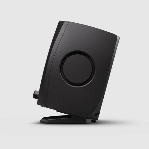 Side view of a sleek black D3V Active Desktop Monitoring System Pair With USB C Connection for desktop studio use with aluminum woofer.