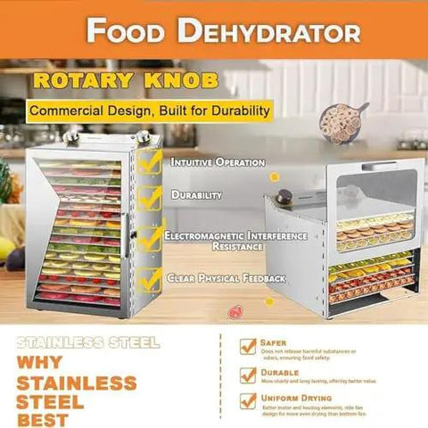 Top Tier Commercial Food Dehydrator With Heavy Duty Stainless Steel Trays, No Hassle Digital Timer And Precise Heat Guard showing rotary knob and trays.