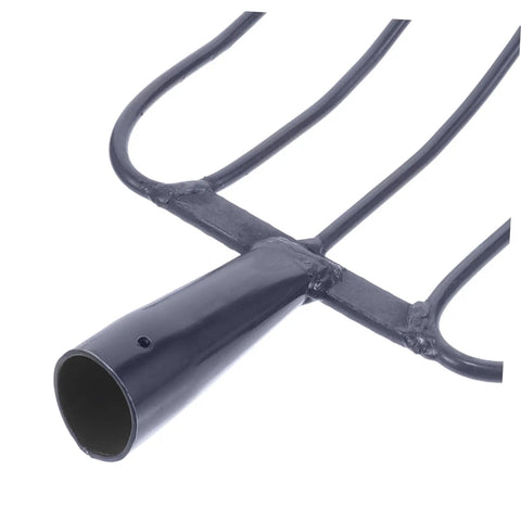 Close-up of Heavy Duty Iron Manure Fork with five teeth design for lawn maintenance and mulch clearing, focus on handle attachment.