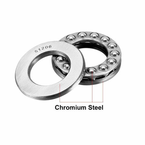 Front view of two 30x52x16 mm chromium steel thrust ball bearings with washers for meat grinder.