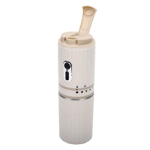 Portable Travel Coffee Maker With Built In Grinder 16 Oz Brew Cup One Touch Manual Drip Brewer in white with open lid.