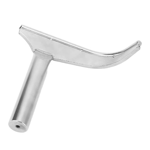 Side view of J-curved lathe tool rest with cylindrical mounting post, silver hardened steel.