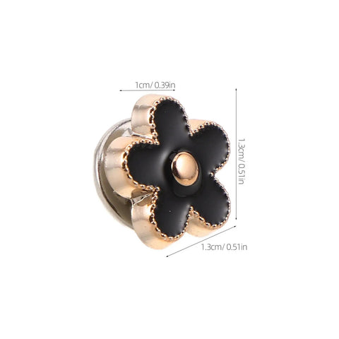 Twenty Piece Black Flower Snap Buttons Slick Metal Clip On Fastener showing a 1.3cm black flower design with gold edges.