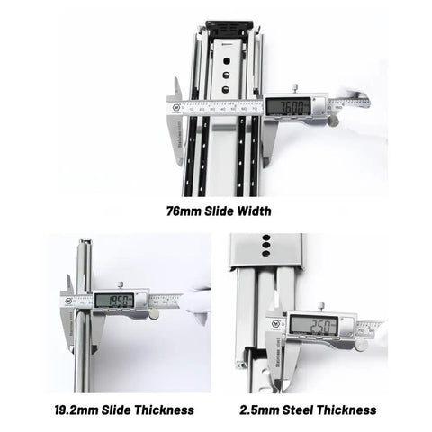 Beefy Heavy Duty Drawer Slides With Lock, Side Mount Full Extension Ball Bearing Rails, 76mm Width, 500 Lb Capacity, measuring width and thickness