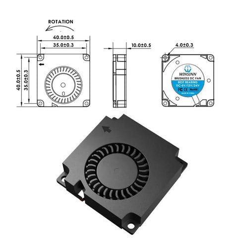 Silent Running 40mm Blower Fan 12V For 3D Printer Extruder Hotend Cooling 4010 showing dimensions and top view design.