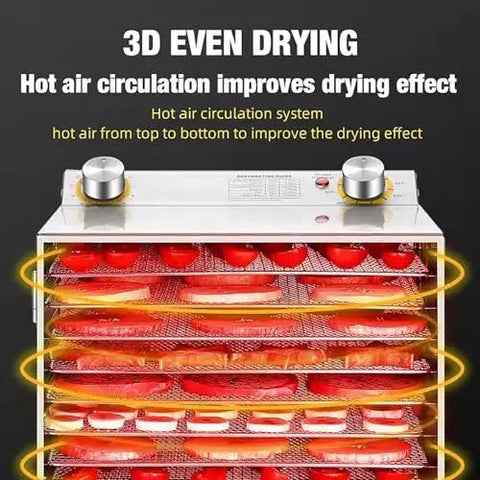 Heavy Duty Electric Freeze Dryer And Food Dehydrator With No Sweat Setup And Adjustable Timer For Quick Fruit Veggie Meat Preserving And Crunchy Homemade Jerky showing 3D even drying with hot air circulation system.