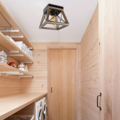 Rustic Wood Farmhouse Ceiling Light With Pull Chain 1 Light Small Square Black Flush Mount For Hallway Closet