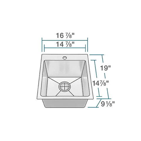 Dimensions of Topmount Single Bowl Kitchen Sink With Three Quarter Inch Radius, 18 Gauge Stainless Steel, 304 Grade Durability
