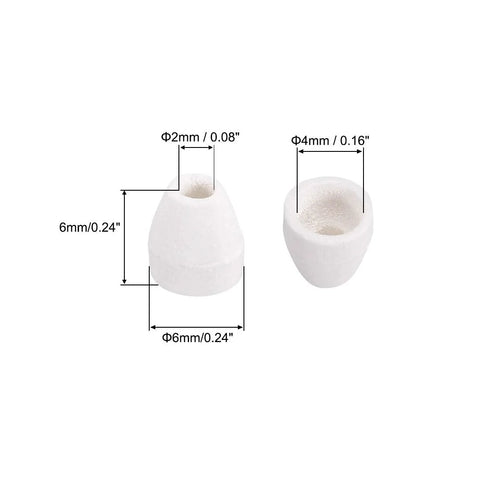 Ceramic electrical insulator beads, white porcelain, tapered 2mm hole, 6mm outer dia, 6mm tall; two beads shown