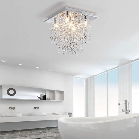 Five Light Modern Flush Mount Crystal Ceiling Light Fixture for Bedroom Dining Room Living Room, in a bathroom setting.