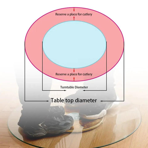 Super Spacious 40 Inch Lazy Susan Turntable For Kitchen Tables Crafted From Tough Tempered Glass diagram showing dimensions and cutlery placement.