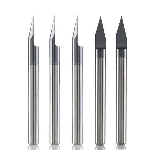Five carbide v groove router bits with 3.175mm shanks for precision engraving and milling, part of Badass Durability 10 Piece Carbide V Groove Router Bit Set.