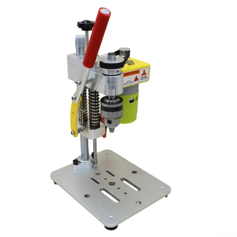 Get This Portable Mini Drill Press For CNC Table Milling With Powerful 795W Dc Motor Up To 7000RPM For Wood, Plastic And Soft Aluminum. Features Precise Depth Control With Limit Rod For Accurate Benchtop Drilling And Expansible Base Setup. showing drill press with a silver base, yellow and green motor, and adjustable handle.