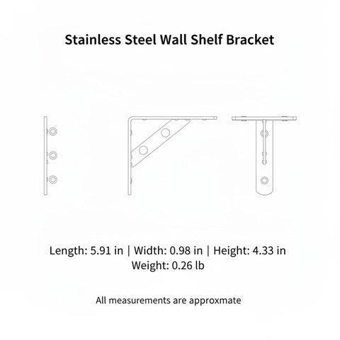 Diagram of Heavy-Duty Wall Mount Shelf Support With Stainless Steel L-Bracket dimensions and weight for kitchen and bath storage.