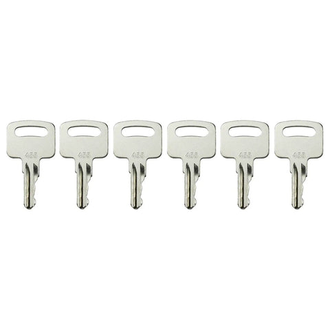 Workhorse Heavy Duty Ignition Keys For Forklifts And Scissor Lifts No Drama Replacement Gear Compatible With Genie And Skyjack Rig Quick Swap Silver Finish 455 104466 6 Pack Set, silver keys arranged.