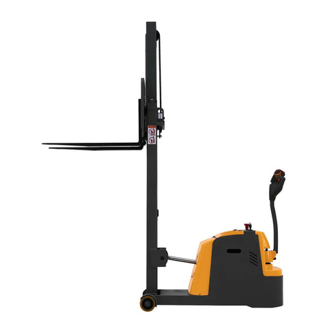 Apollo 2200 Lb Fully Electric Stackert Forklift With Hydraulic Lift And Straddle Forks Reaches 98 Inches High side view with forks extended