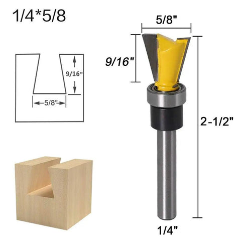 Two Pack Dovetail Router Bits 1 Quarter Inch Shank With Bearing For Woodworking Cutter Set shown with diagram and cut wood sample.