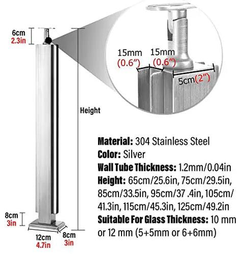 Solid 304 Stainless Steel Railing Post Kit With Round Handrail Guardrail System For Glass Panels Deck Patio Balcony Knockout Rust Resistant Design Zero Hassle Install Built Damn Tough showing height and dimensions.