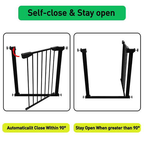 Auto Close Walk Through Baby Gate For Stairs And Doorways With Pressure Mount Or Hardware Mount Kid Safe Pet Friendly Tension Metal Gate In Black Fits 62 To 65 Inches Sturdy Design For Quick Setup And Long Lasting Safety For Kids And Pets showing self-close and stay open feature in diagram.