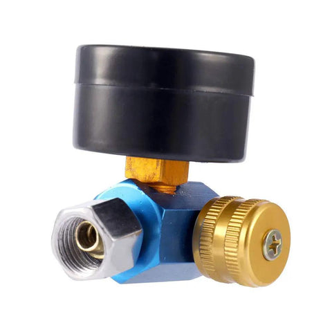 Kickass Adjustable HVLP Spray Gun Pressure Regulator With Crystal Dial Gauge And Quarter NPT Hookup, blue and gold metal design.